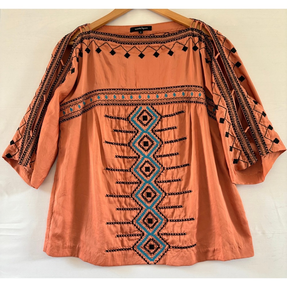 Nanette Lepore Womens Orange Embroidered Peasant Blouse Boho Beaded Top Size M